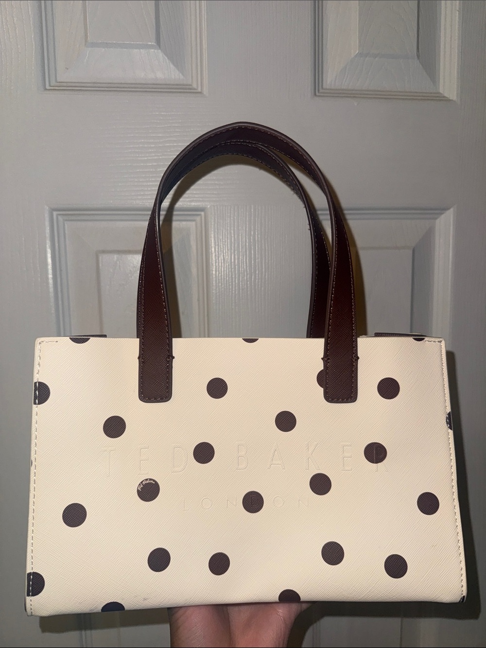 Ted Baker Cream Tote with Brown Polka Dots and Brown Handles